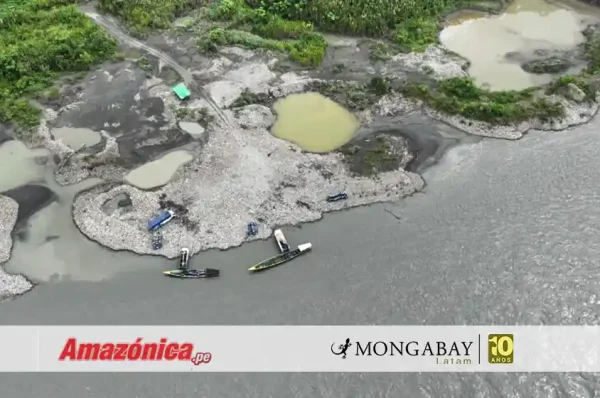 Minería en el río Inambari, en los alrededores del Parque Nacional Bahuaja Sonene, Perú. Foto: obtenida por Mongabay Latam